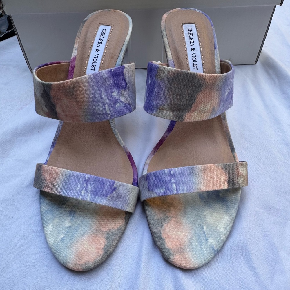 Chelsea & Violet Purple and Pastel Tie-Dye Two-Band Clear Block Heel Sandals - Picture 2 of 3